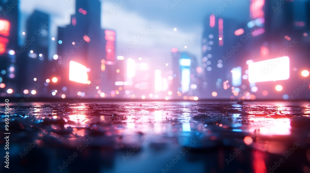 Fototapeta premium A futuristic city in ruins, scattered debris and fallen trees on the streets, depicted in a 3D-rendered cyber-fantasy style, glowing neon accents, vibrant colors, detailed destruction