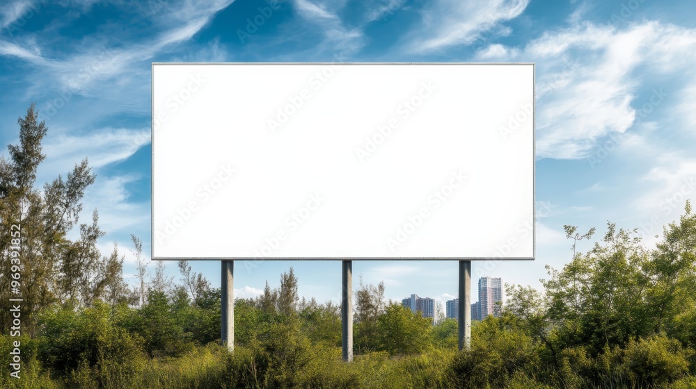 A blank billboard surrounded by greenery under a blue sky, ready for advertising or creative promotions. A blank billboard surrounded by greenery under a blue sky, ready for advertising or creative promotions.