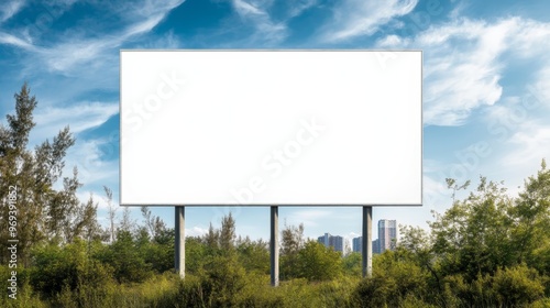 A blank billboard surrounded by greenery under a blue sky, ready for advertising or creative promotions.