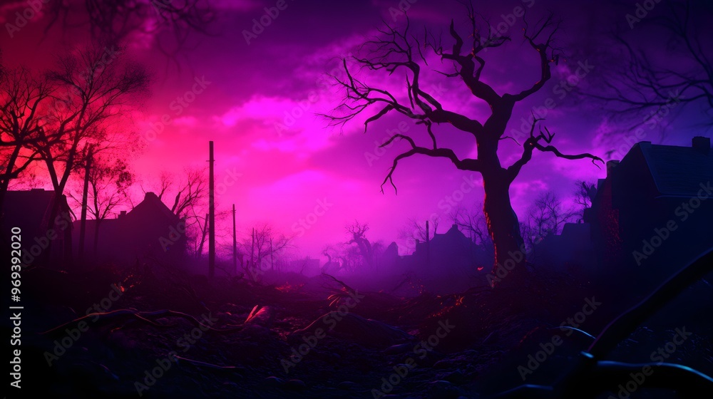 A futuristic neighborhood in ruins, with holographic remnants of once-thriving homes, fallen trees glowing with bioluminescence, in a sci-fi illustration style, vibrant neon hues A futuristic neighborhood in ruins, with holographic remnants of once-thriving homes, fallen trees glowing with bioluminescence, in a sci-fi illustration style, vibrant neon hues