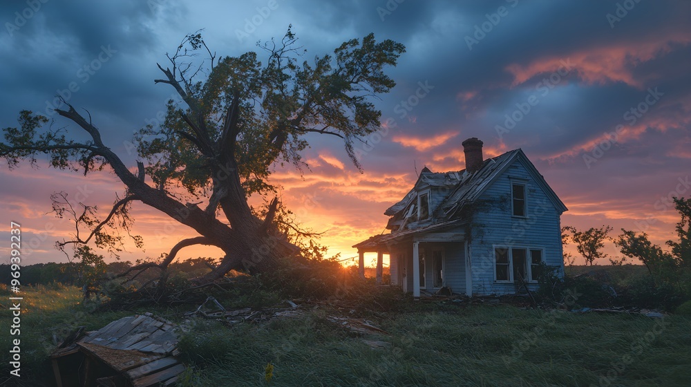 A hidden house engulfed by a huge fallen tree, with broken branches and damaged roof, set against a stormy sky in the aftermath of a powerful storm A hidden house engulfed by a huge fallen tree, with broken branches and damaged roof, set against a stormy sky in the aftermath of a powerful storm