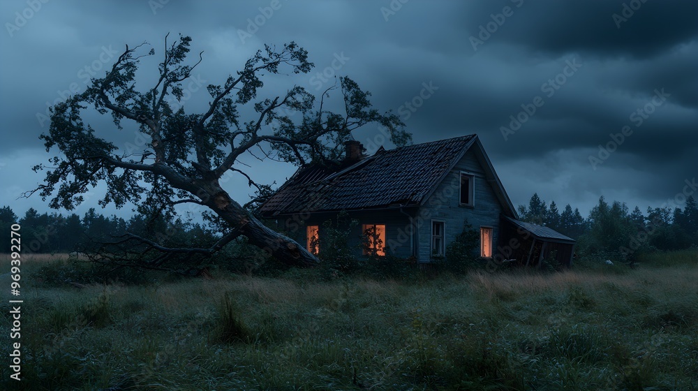A hidden house engulfed by a huge fallen tree, with broken branches and damaged roof, set against a stormy sky in the aftermath of a powerful storm A hidden house engulfed by a huge fallen tree, with broken branches and damaged roof, set against a stormy sky in the aftermath of a powerful storm