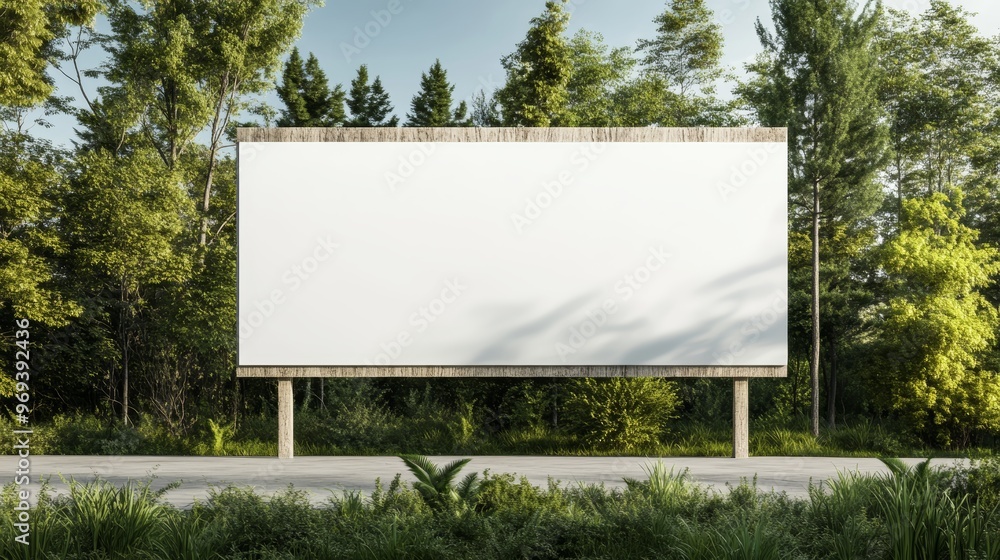 Empty billboard surrounded by lush greenery, ideal for advertising or promotional content in a serene natural setting. Empty billboard surrounded by lush greenery, ideal for advertising or promotional content in a serene natural setting.