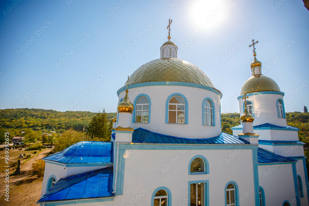 Blue Church in an open air nature reserve. Golden Dome. Busha village. Ukraine
