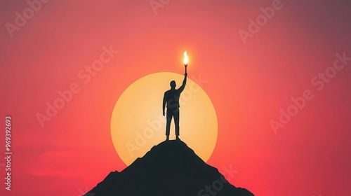 A silhouette of a person holding a lit torch at the top of a mountain, symbolizing leadership and the guiding light of success photo