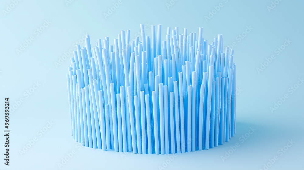 Three-dimensional structure composed of numerous slender, vertical rods or bars. These rods vary in height, with some appearing taller than others. They are uniformly colored in a shade of light blue Three-dimensional structure composed of numerous slender, vertical rods or bars. These rods vary in height, with some appearing taller than others. They are uniformly colored in a shade of light blue