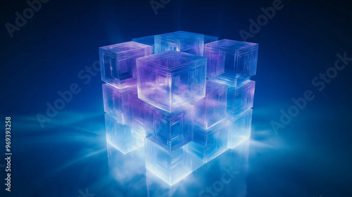 A three-dimensional, translucent cube composed of smaller, fragmented cubes. These smaller cubes emit a vibrant blue and purple glow, creating an illusion of depth and dimension