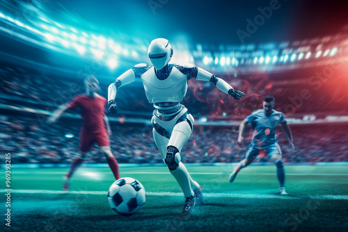 Robots and human compete in a thrilling soccer match in a high-tech futuristic stadium, demonstrating advanced AI and sports technology.