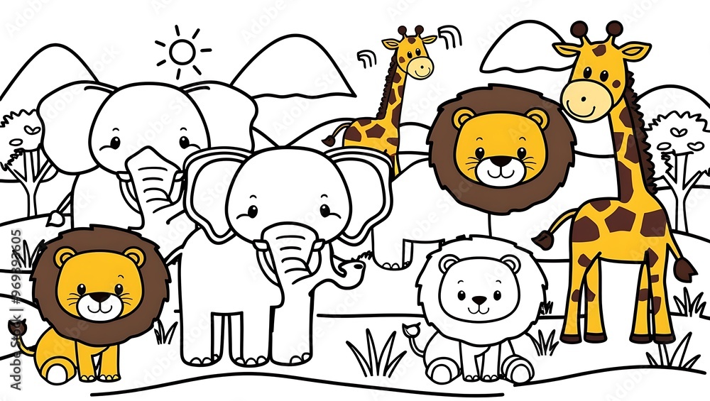 Naklejka premium Each animal is depicted in a cute and approachable style, perfect for young children to explore their creativity while learning about the magnificent animals of the African savanna.