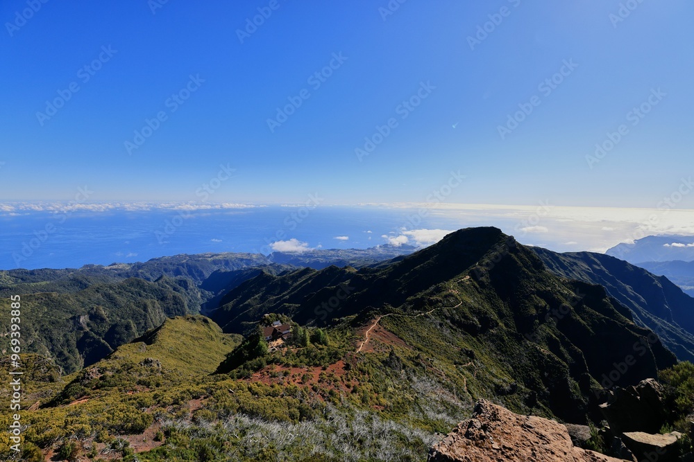 Breathtaking mountain view with ocean in the distance, Madeira Island, Portugal Breathtaking mountain view with ocean in the distance, Madeira Island, Portugal