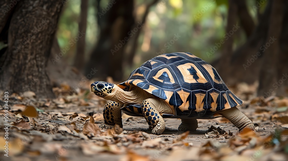 Obraz premium Indian Star Tortoise Walking Through Forest