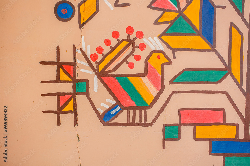 Traditional Ukrainian folk art pattern on a house in the village