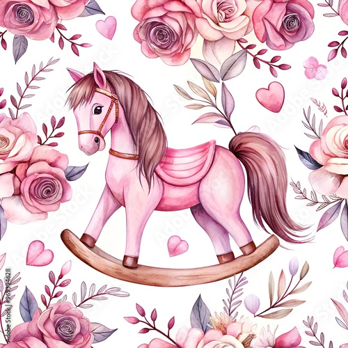 Charming Pink Rocking Horse Amidst Blooming Flowers and Hearts for Childhood Nostalgia