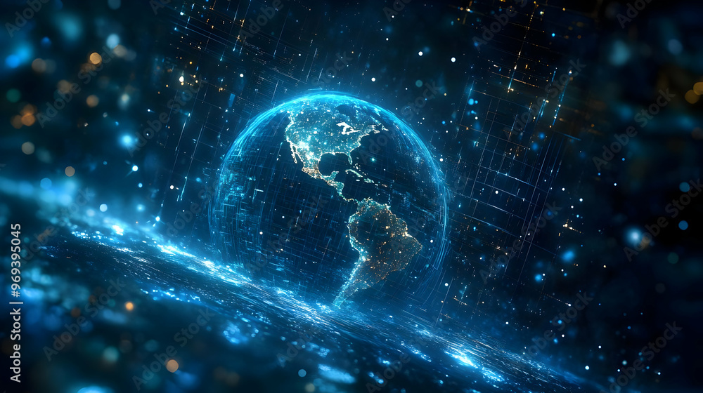 A glowing digital representation of Earth surrounded by data and light effects. A glowing digital representation of Earth surrounded by data and light effects.