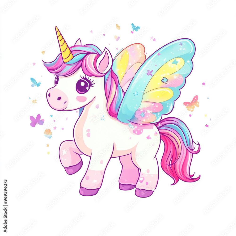 Fototapeta premium Cute cartoon unicorn with a colorful mane and wings, surrounded by butterflies, isolated on a white background.