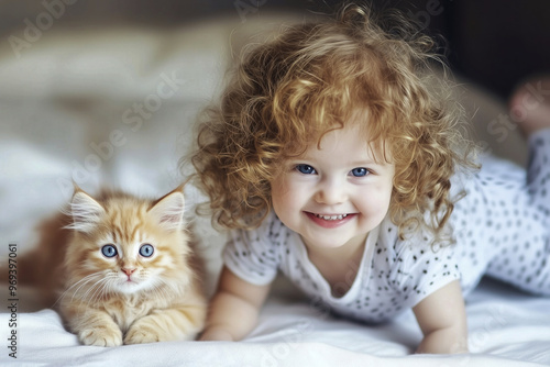 Little curly girl with a ginger kitten.