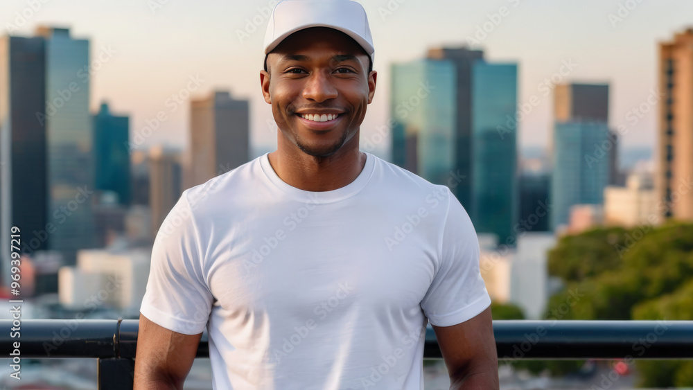 Black man wearing white t-shirt and white baseball cap standing on cityscape background Black man wearing white t-shirt and white baseball cap standing on cityscape background
