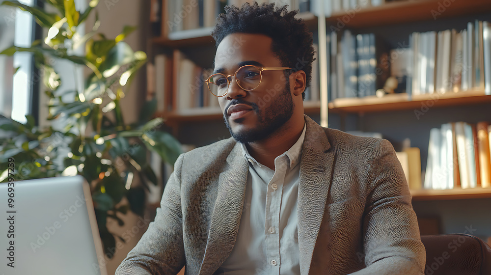 A man wearing glasses and a suit is sitting at a desk with a laptop A man wearing glasses and a suit is sitting at a desk with a laptop