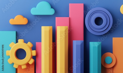 Fototapeta Naklejka Na Ścianę i Meble -  Colorful 3D bar graph with shapes and clouds, perfect for illustrating data analysis or business growth concepts.