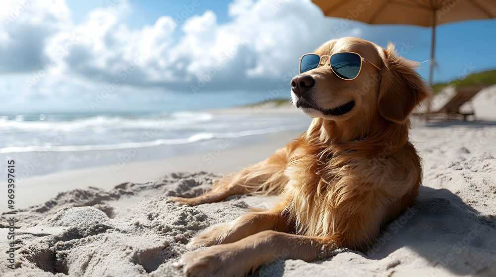 A golden retriever relaxing on the beach wearing sunglasses under a sunny sky. A golden retriever relaxing on the beach wearing sunglasses under a sunny sky.