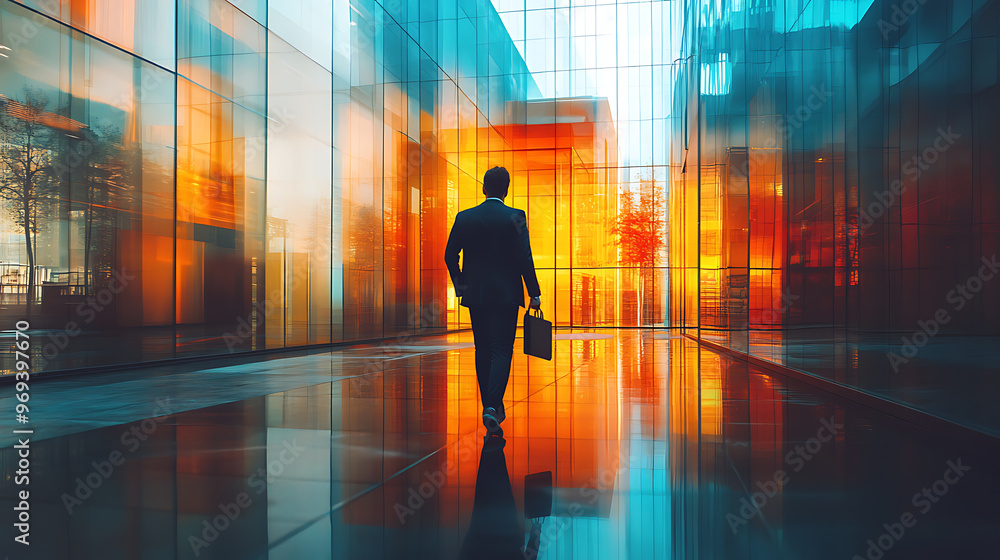 A man in a suit is walking down a hallway with a briefcase A man in a suit is walking down a hallway with a briefcase