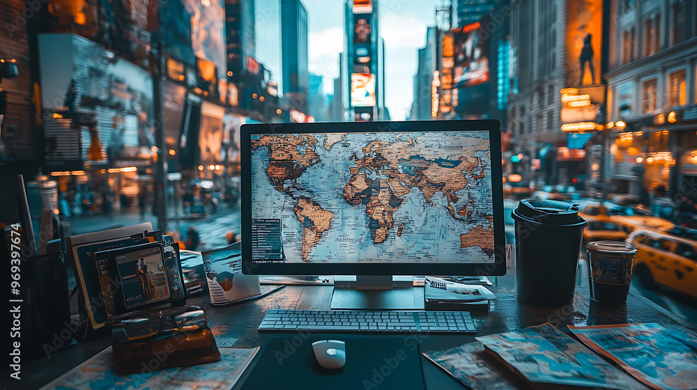 A computer monitor is on a desk in a city setting A computer monitor is on a desk in a city setting