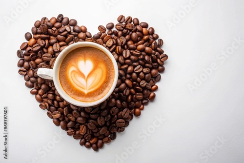 Heart shaped coffee beans around the coffee cup photo