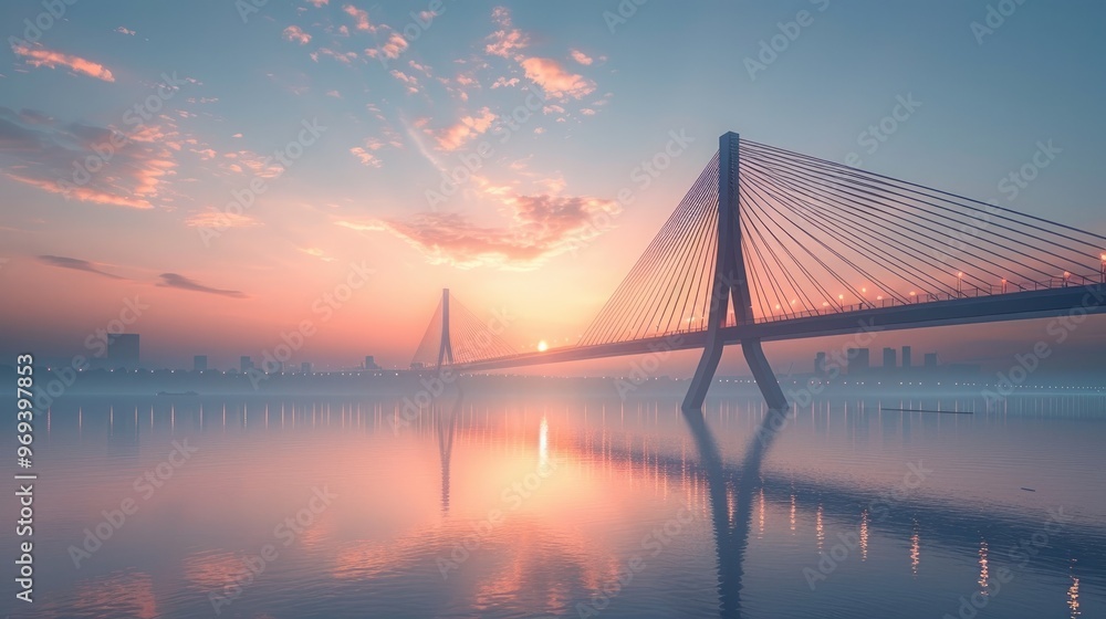 Obraz premium Dramatic sunset over the iconic cable stayed bridge with its striking silhouette reflecting perfectly in the calm tranquil river waters