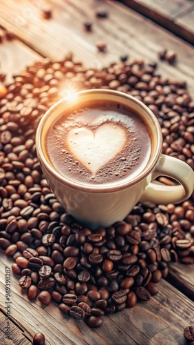 a high quality photo of a coffee in mug with a heart made on the coffee, on a wooden table, few coffee beans scattered around the mug