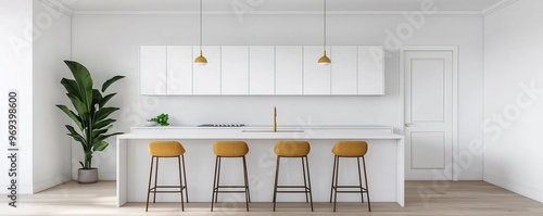 Open concept kitchen with island, bar stools, pendant lights, sleek cabinetry, bright and airy, modern finish, functional design