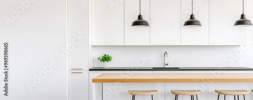 Open concept kitchen with island, bar stools, pendant lights, sleek cabinetry, bright and airy, modern finish, functional design