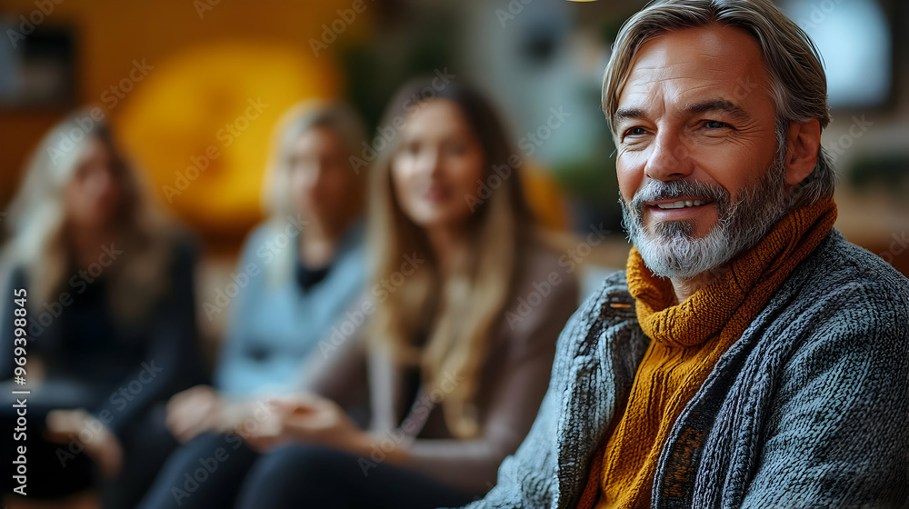 A group discussion with a smiling man in a cozy setting, surrounded by engaged participants. A group discussion with a smiling man in a cozy setting, surrounded by engaged participants.