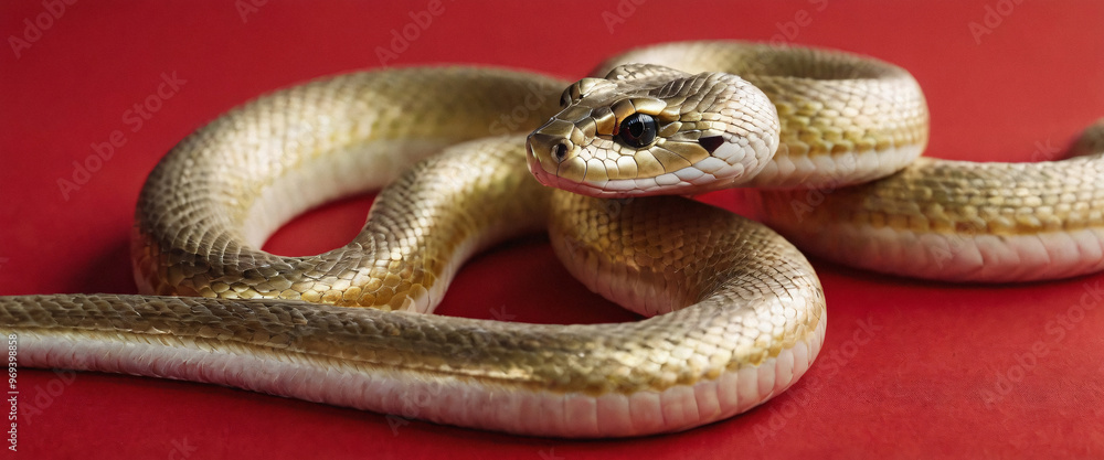 Obraz premium Golden Snake on Red Background. Year of the Snake 2025.Happy Chinese New Year