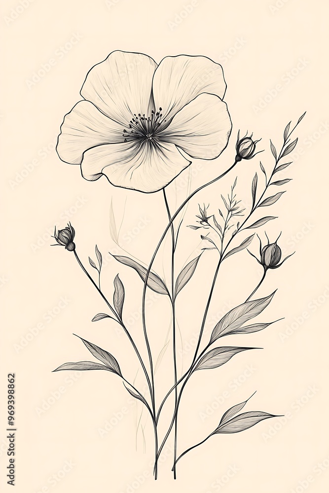 floral line art, on top of a beige rectangle with a white border. floral line art, on top of a beige rectangle with a white border.