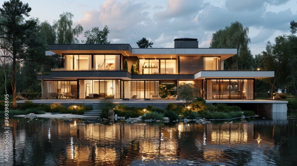 3d rendering of modern house by the river at morning, house, luxury, villa, modern, architecture, building, exterior, residential, property, designer 3d rendering of modern house by the river at morning, house, luxury, villa, modern, architecture, building, exterior, residential, property, designer