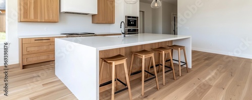 Open concept kitchen with island, bar stools, pendant lights, sleek cabinetry, bright and airy, modern finish, functional design