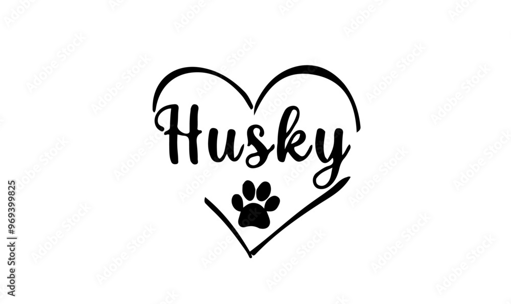 vecteur texte race husky dans un coeur avec une empreinte de patte vecteur texte race husky dans un coeur avec une empreinte de patte