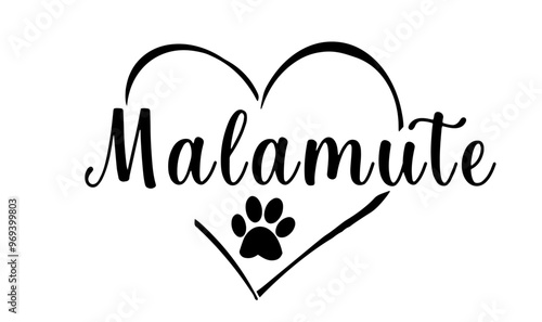 vecteur texte race malamute dans un coeur avec une empreinte de patte 