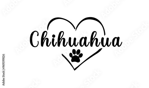 vecteur texte race chihuahua dans un coeur avec une empreinte de patte 