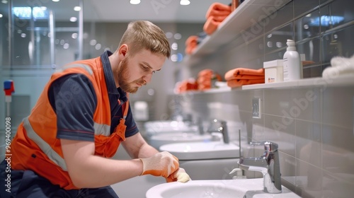 A man in an orange vest is cleaning a sink