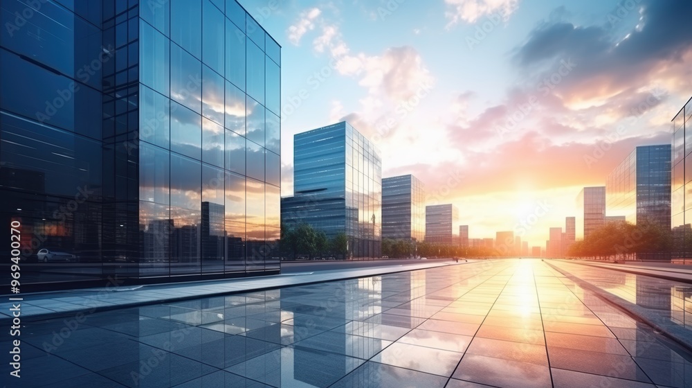 Fototapeta premium Modern office building or business center. High-rise window buildings made of glass reflect the clouds and the sunlight. empty street outside wall modernity civilization. growing up business