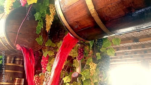 Red wine flowing out the wood barrel with grapes decoration.
