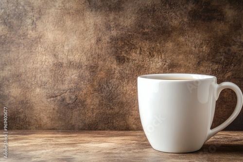 Hot coffee mug against a brown textured background