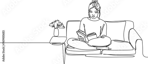 continuous single line drawing of young woman sitting on sofa reading a book, line art vector illustration