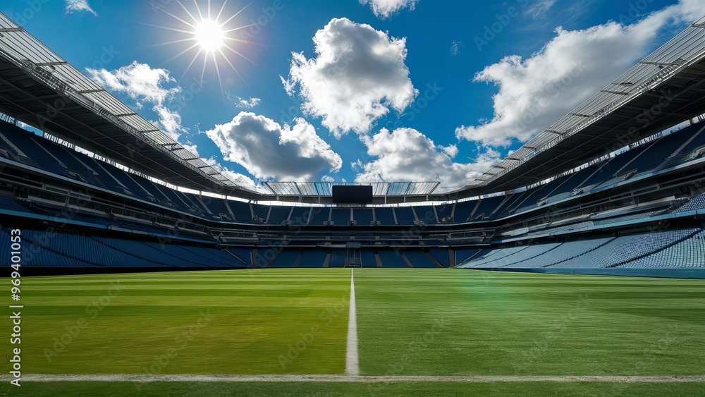 Sunny Day In A Modern Sports Stadium With A Vast Green Field And Open Sky With Puffy Clouds Sunny Day In A Modern Sports Stadium With A Vast Green Field And Open Sky With Puffy Clouds