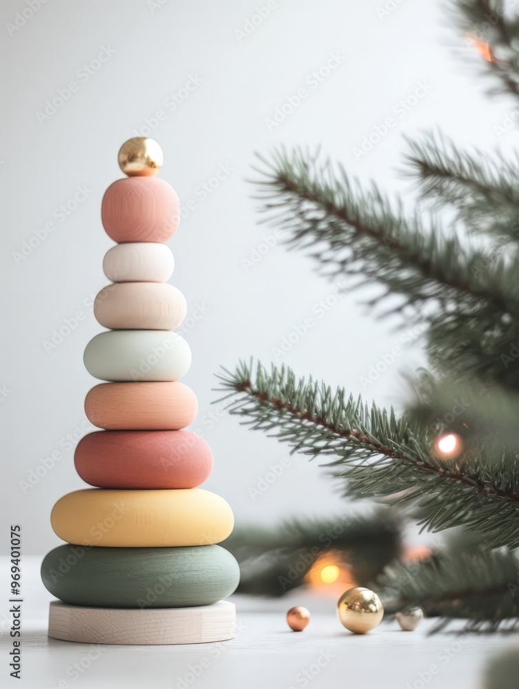 Sapin empilé pastel en bois avec boules dorées sur fond lumineux Sapin empilé pastel en bois avec boules dorées sur fond lumineux