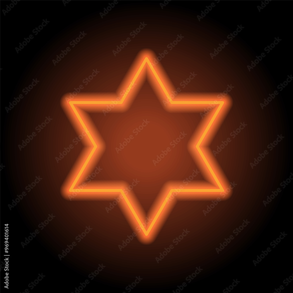Shield of David simple icon vector. Flat design. Orange neon on black background Shield of David simple icon vector. Flat design. Orange neon on black background