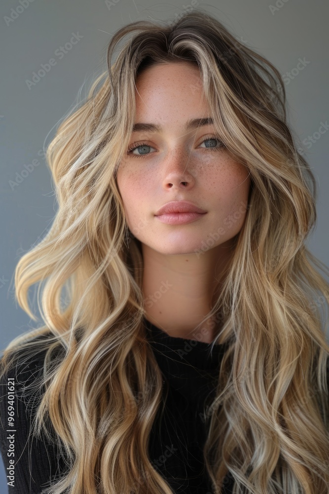 Young woman with long, wavy blonde hair poses in a minimalist setting during soft natural light, showcasing a fresh and natural look Young woman with long, wavy blonde hair poses in a minimalist setting during soft natural light, showcasing a fresh and natural look