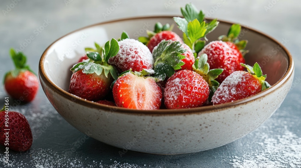 A bowl of strawberries dipped in sugar, capturing a simple yet delicious treat with a summer feel A bowl of strawberries dipped in sugar, capturing a simple yet delicious treat with a summer feel