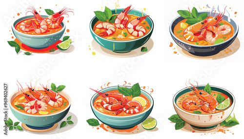 A bowl of steaming Tom Yum soup with shrimp photo